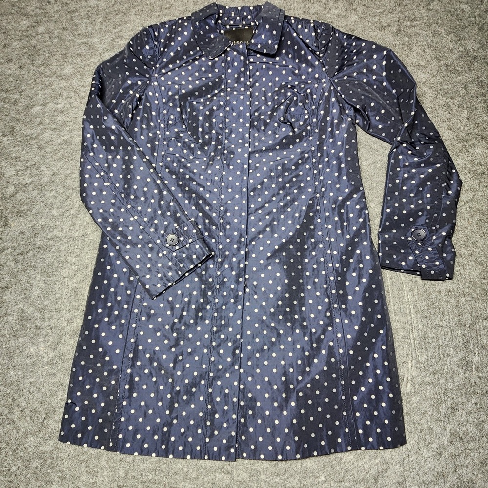 Talbots Navy Blue Silver Polka Dot Above Knee Water Resistant Raincoat 2 NEW